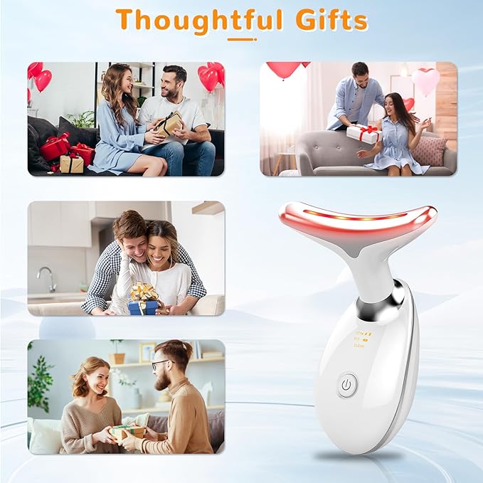 Facial Beauty Device, Face Massager Tool for Skin Care, Based on Triple Action LED, Thermal, and Vibration, Red and Blue LED Light, 7 Color Led Face and Neck Massager for Home Use (Glossy White)