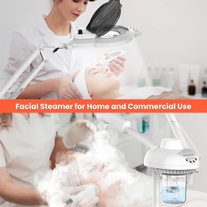 TASALON 2-in-1 Professional Facial Steamer with 5X Magnifying Lamp, Esthetician Steamer on Wheels, White, Facial Steamer, Cleansing, Hydrating, Pore Treatment