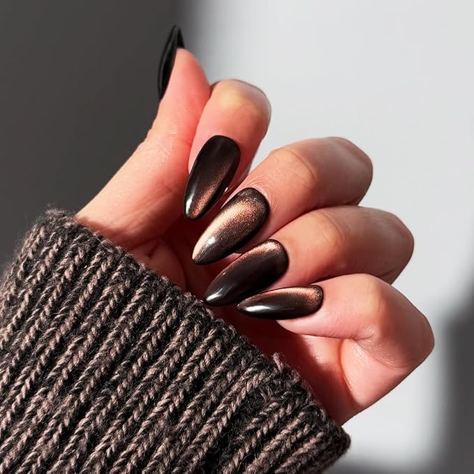 IMRAIN Cat's Eye Press on Nails Medium Almond Brown Fake Nails Brown Orange False Nails Full Cover Glossy Glue on Nails Stick on Acrylic Nails for Women Girls 24Pcs