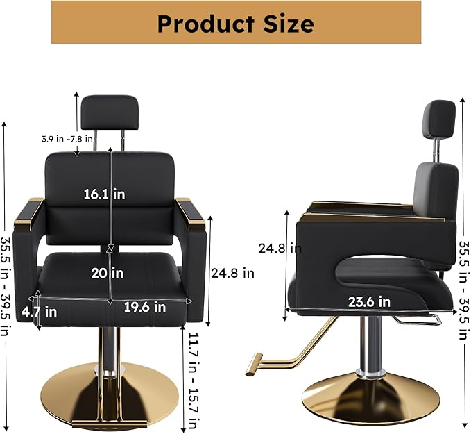 Barber Salon Chair, 360° Rolling Swivel Styling Hair Chair with Adjustable Height, Heavy Duty Hydraulic Pump & Reclining Backrest for Salon & Barber Shop(Black + Gold)