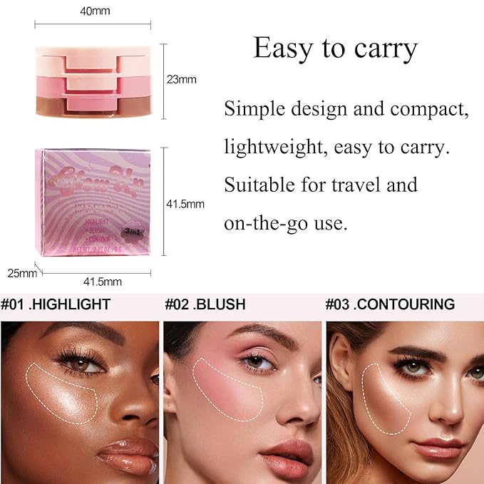 3-in-1 Blendable Trio, Contour and Highlight Blush Makeup Palette, Cream Bronzer, Silky Smooth Powder Blush, Shimmer Highlighter Makeup Powder, Pink Brown Eyeshadow Palette with Mirror(02)