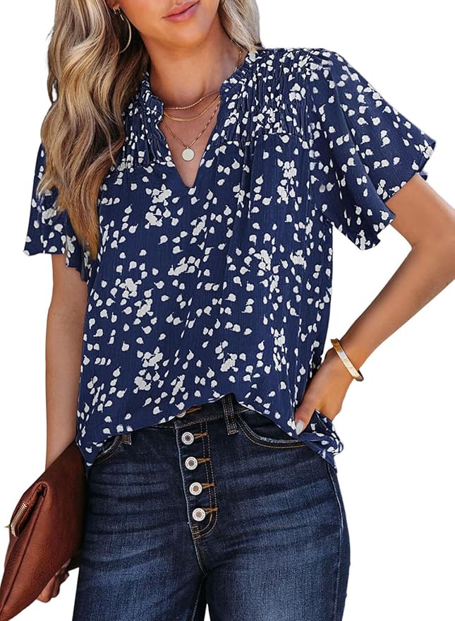 SHEWIN Women's Casual V Neck Floral Print Smocked Short Sleeve Chiffon Blouses Bohemian Top Shirts