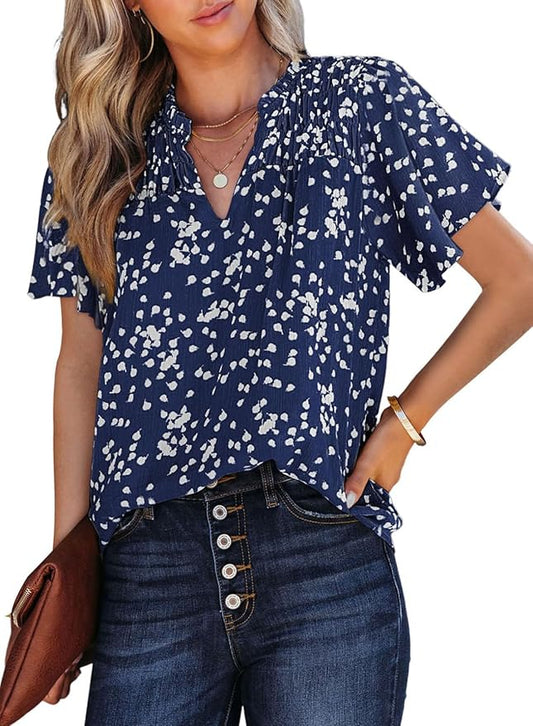 SHEWIN Women's Casual V Neck Floral Print Smocked Short Sleeve Chiffon Blouses Bohemian Top Shirts