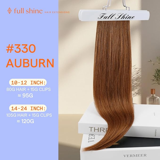 Full Shine Auburn Hair Extensions Real Human Hair Auburn Clip in Extensions for Short Hair for Bob 12 Inch 7 Pcs 95 G