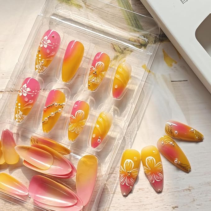 24Pcs Flower Press on Nails Medium Almond Fake Nails 3D Floral with Gold Pearl Rhinestones Glitter Glossy Design Orange Full Cover Stick on Nails Spring Summer False Nails for Women Acrylic Nails