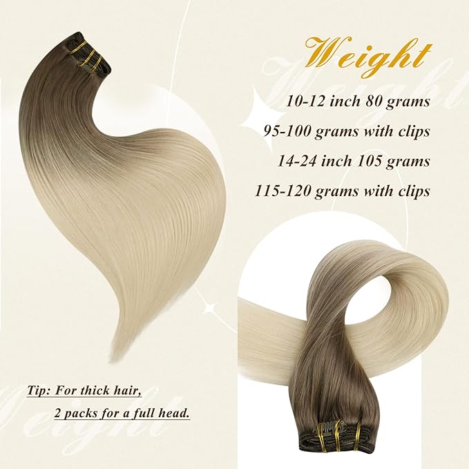 Full Shine Ombre Clip in Hair Extensions Blonde Real Human Hair Clip in Extensions Color 8 Ash Brown to Platinum Blonde Straight Invisible Hair Extensions 120 Grams 16 Inch