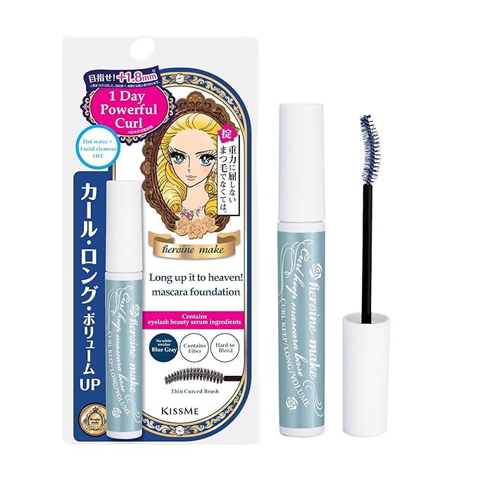 HEROINE MAKE by KISSME Lash Mascara Volume and Length, Smudge Proof & Waterproof Mascara for Women, Eye Makeup Base with Argan Oil, Japanese Organic Fiber, Voluminous Curl-Enhancer, Blue Grey, 1 EA