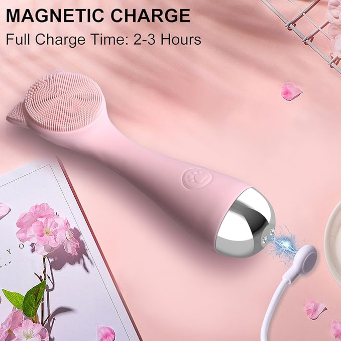 Facial Cleansing Brush, Silicone Face Scrubber Exfoliator for Men & Women, Electric Face Brush Waterproof, with 3 Speeds Adjustable for Deep Cleaning, Removing Blackhead, Facial Massaging (Pink)