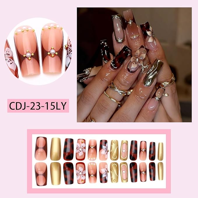Long Press on Nails Square Fake Nails French Tip False Nails with Flowers Designs Artificial Nails Brown Stick on Nails for Women 24pcs