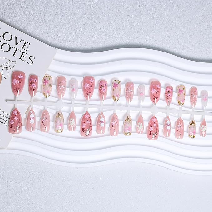 30Pcs Pink Press on Nails Medium Almond Fake Nails Summer Pink Peach Blossom Designs Cute Cat Bow False Nails Full Cover Acrylic Stick on Nails Artificial Glue on Nails for Women Nail Decoration