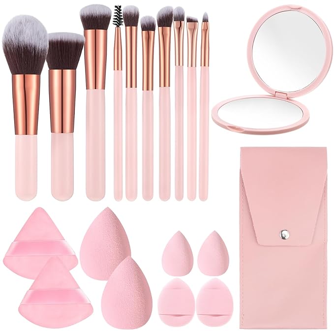 20PCS Travel Makeup Brush Set,10 Pcs Small Makeup Brushes with Mirror,Storage Bag and 8PCS Makeup Sponges for Home,Travel, Party