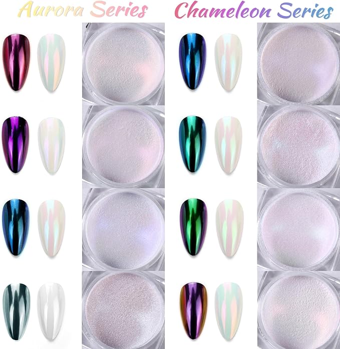 Laza Chameleon Pearl Chrome Nail Powder, 8 Colors Glazed Donut Metallic Mirror Effect Pigment, Iridescent Aurora Nail Glitter Holographic Dust Kit for Gel Nail Art Decoration, Gifts – Gorgeous Mermaid