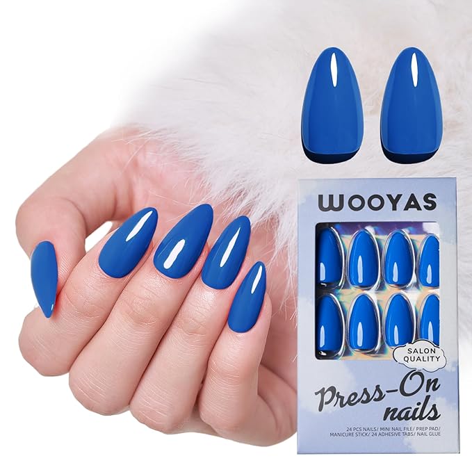Blue Green Almond Press On Nails Medium, WOOYAS Glossy False Nails Press-ons, Natural Fit Glue On Nails Medium Length, UV Cover Gel Stick On Nails for Women