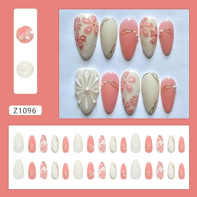 30Pcs Flower Press on Nails Medium Almond Fake Nails Delicate Floral with Pearl Glossy Design Pink White Full Cover Stick on Nails Spring Summer False Nails Acrylic Nails French for Women Manicure