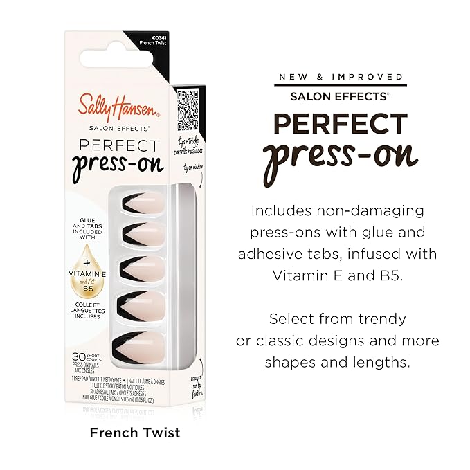 Sally Hansen Salon Effects Perfect Press-On Nails | Coffin Shape | Easy to Apply, Non-Damaging | 30 Nails, Nail Glue, Adhesive Tabs, File | French Twist
