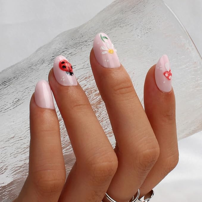 3D Nature Press On Nails Short Oval 24PCS Cute Fake Nails with Butterfly, Ladybug, Mushroom & Flower Art, Pink Glossy Acrylic Stick On Nails with Glue Kit for Girls & Women