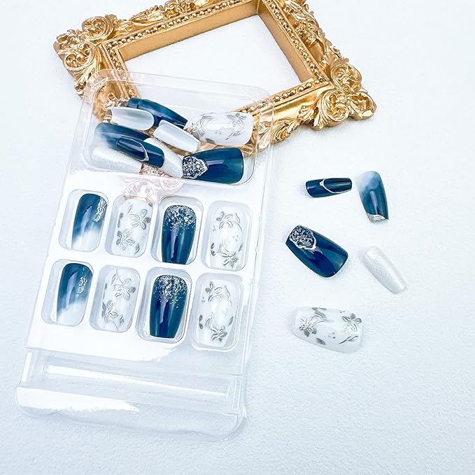 24pcs Silver Flower Press on Nails Medium Square Summer Floral Fake Nails with Designs Glitter Stick on Nails Gradient False Nails 3D Flowers Acrylic Nails Kit Full Cover Glue on Nails for Women