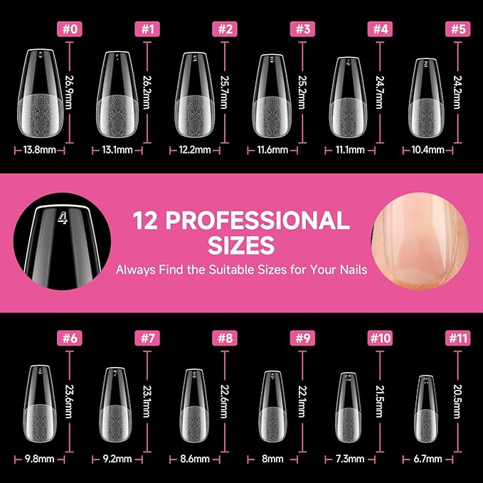 UNA GELLA Medium Coffin Nails Tips, 312Pcs Pre-Etched Gel Nail Tips Coffin Press On Nails Clear Full Cover for Nail Extensions & DIY Art Salon at Home, Long Lasting 12 Sizes