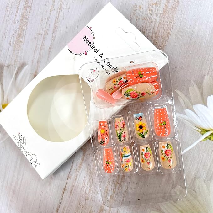Flower Press on Nails Medium Ballet Shaped Spring Summer False Nail Colorful Floral Butterfly Pattern Design Artificial Stick on Nail Press Ons with Blossom Design Acrylic Glue on Nails for Women