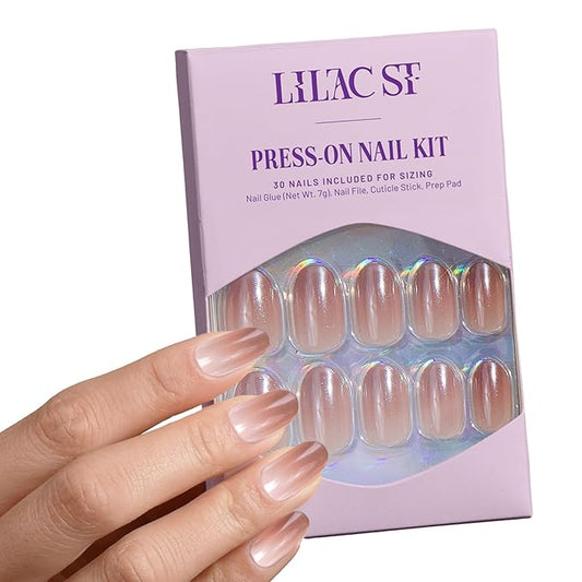 Lilac St - Press On Nails, Blush Touched (30 Nails, 15 Sizes) - Medium, Round, Pearl + Glossy, Opaque - Brush-On Nail Glue, Nail File, Cuticle Stick, Prep Pad - Cruelty Free, Vegan, Women Founded
