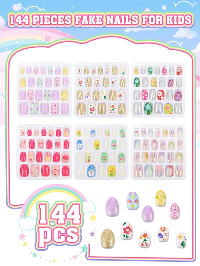 144 Pieces Press on Nails for Kids, EBANKU 6 Pack Kid Fake Nail Pink Gold Flower Star Press on Nails for Girls 5-12 Years with Jelly Nail Adhesives