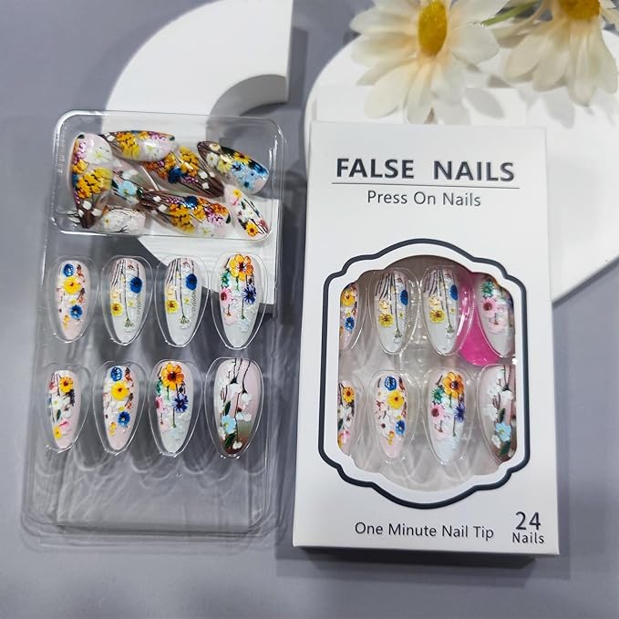 Wild Flower Press on Nails 24Pcs Green Leaves Medium Almond False Nail Summer Flowers Gel Glue on Fingernails Glossy Brown French Stick on Nail Acrylic Full Cover Fake Nails for Holiday Manicure Art