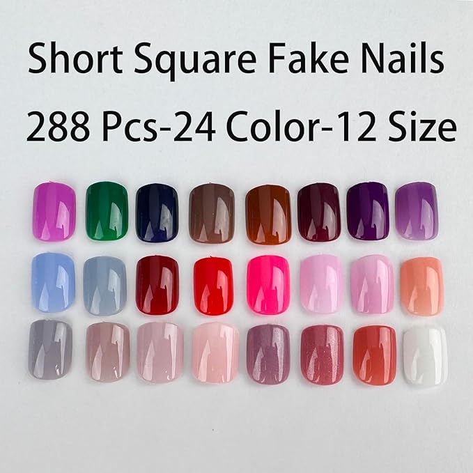 576Pcs Press on Nails Short Square Fake Nails Solid Color False Nails Full Cover Glossy Acrylic Glue on Nails Reusable Artificial Nail Stick on Nail for Women Manicure