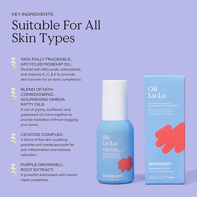KraveBeauty Oil La La Serum – K-Beauty Linoleic Acid-Rich Oil, Non-Comedogenic, Helps Breakouts, Clogged Pores & Dark Spots, Vegan & Cruelty-Free, 1.52 fl oz