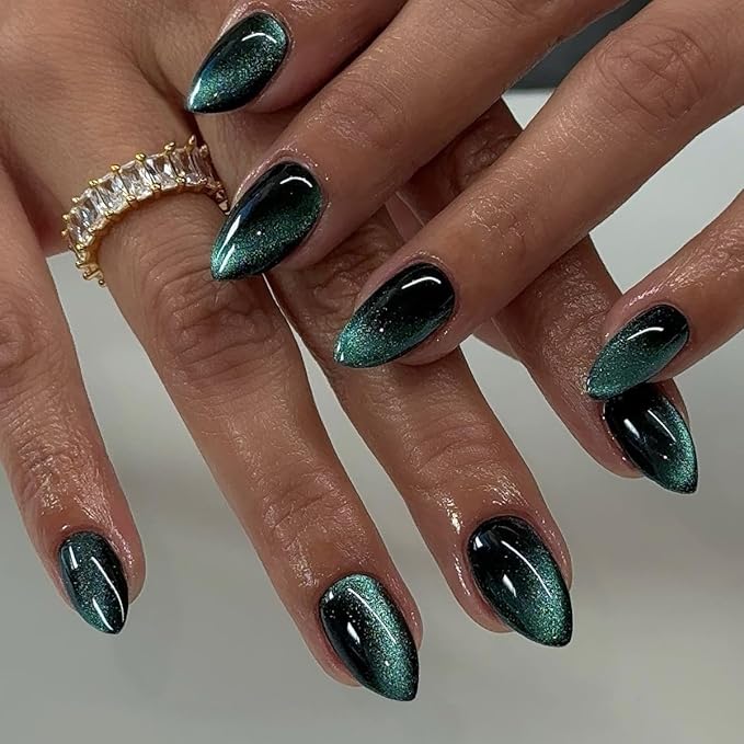 KQueenest Press On Nails Short - Emerald Green to Black Press On Nails Almond Shape, Glitter Cat Eye Fake Nails with Nail Glue, Reusable Cute Dark Gel Glue On Nails with Color-Shifting Glow, 30 Pcs