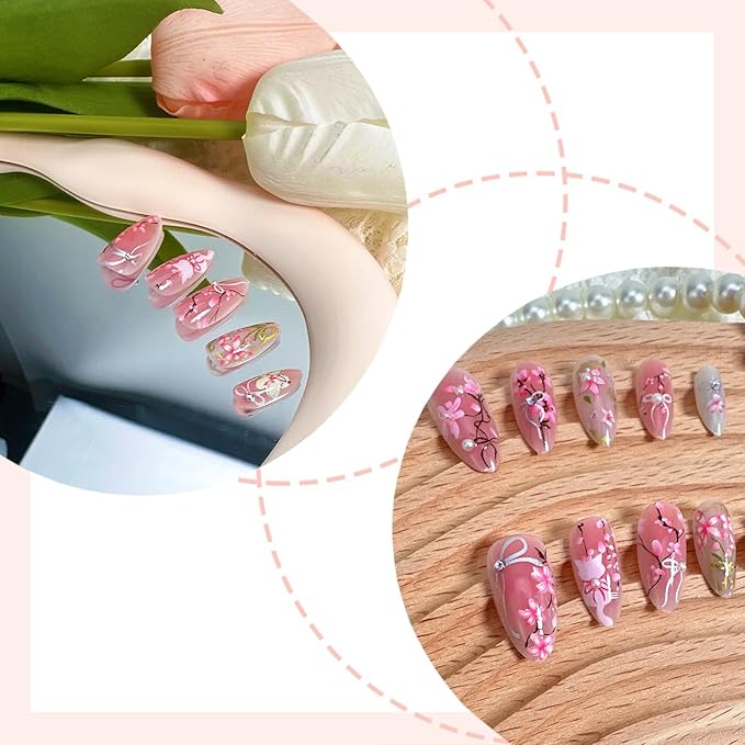 30Pcs Pink Flower Press on Nails Medium Almond Fake Nails with 3D Pearl Rhinestones Designs Glue on Nails Peach Blossom Acrylic Nails Cute Cat False Nails Bow Stick on Nails for Women Nail Supplies