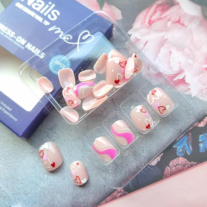24Pcs Valentines Press on Nails Short Oval Fake Nails Colourful Love Heart Glue on Nails Stripe Design Valentines Acrylic Nails Nude Pink Stick on Nails Cute Artificial False Nails for Women Manicure