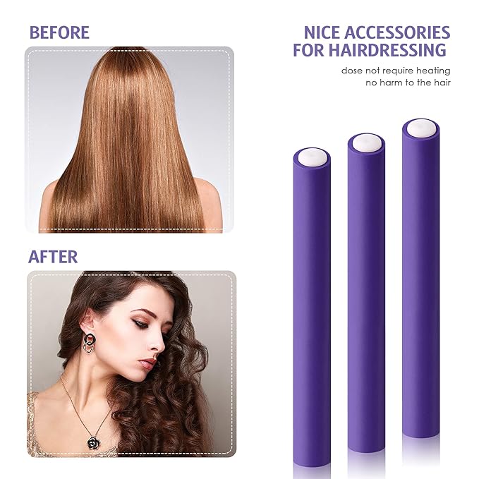 Syhood 30 Pieces Flexible Curling Rods Twist Hair Rollers Soft Foam Rods No Heat and 1 Pcs Steel Rat Tail Comb for Women Long and Short Hair(7 x 0.8 Inch,Purple)