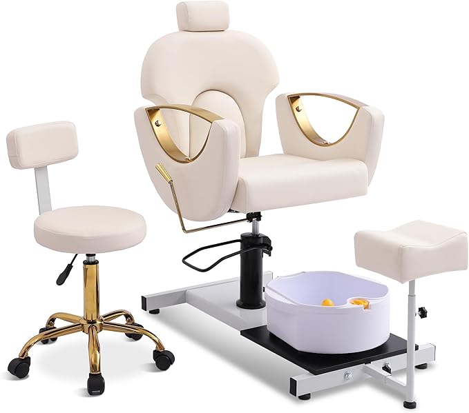 Pedicure Station No Plumbing, Hydraulic Pedicure Chair for Nail Tech, Height Adjustable Reclining Pedicure Station Unit, 360 Degree Swivel Foot Spa Chair with Massage Foot Bath (White-Golden)