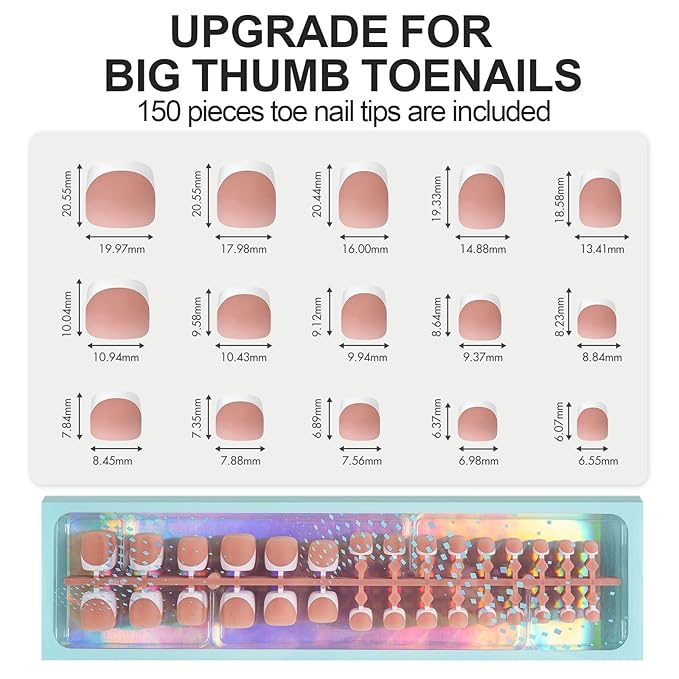 Vansiho Press on Toe Nails Short, Brown White French Tips Toenail Press on Square for Women, Soft Gel Fake Toe Nails, Acrylic Nails Soak off Toenail Home DIY 15 Sizes