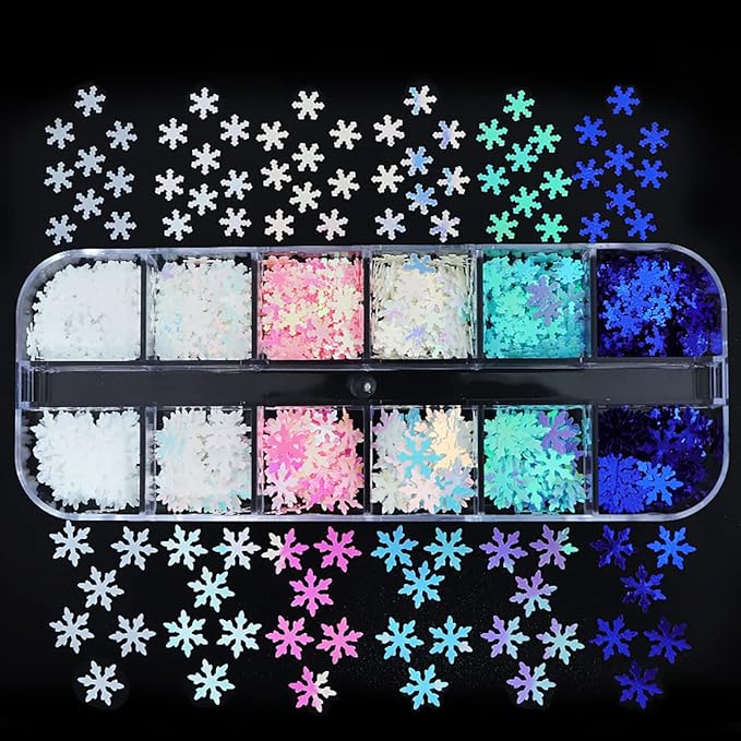 12 Grids 3D Snowflake Nail Art Stickers - Holographic Laser Decals for Christmas Nails - Xmas White Sequins for Nail Decoration - Winter Snow Flakes