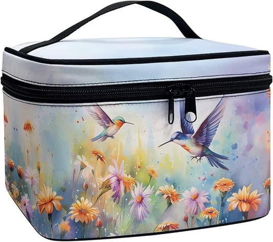 Hummingbird Vibrant Floral Pattern Travel Makeup Bag for Women Large Capacity Cosmetic Bag with Zipper and Handle Portable Toiletry Bag Make Up Organizers