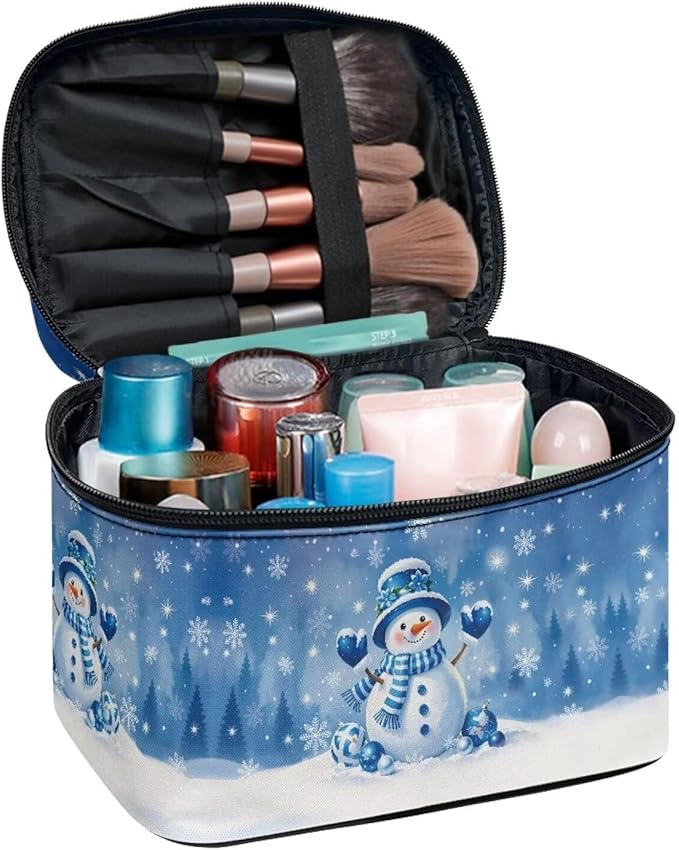 Cute Snowman Travel Makeup Bags for Women Snowflake Print Portable Tote Cosmetic Case with Carry Handle Toiletry Accessories Storage Organizer Bags for Christmas, Blue
