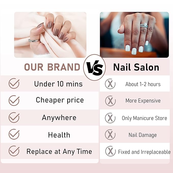 Short Press on Nails Brown Square, Glossy Acrylic Solid Fake Nails Natural, 24pcs False Nails with Designs, Glue on Nails Art Kit for Women