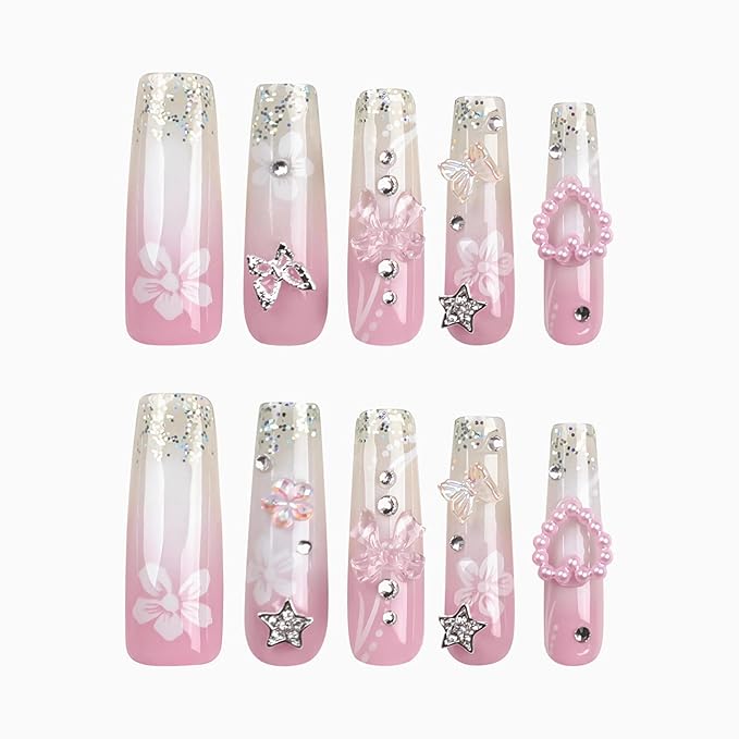 BABALAL Pink Press on Nails Long Square Fake Nails Glitter French Tip Glue on Nails 3d Bow Heart Rhinestone Star Charm Flower Shiny Luxury Acrylic Nails 24Pcs Squoval Flower Nails Press on