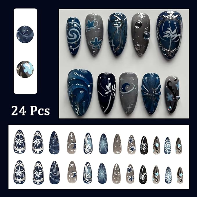 24Pcs Dark Blue Press on Nails Medium Almond Fake Nails with 3D Designs Halloween Acrylic Nails Full Cover Fall False Nail Tips Star Flower Bow Glue on Nails for Women Reusable Nail Kits