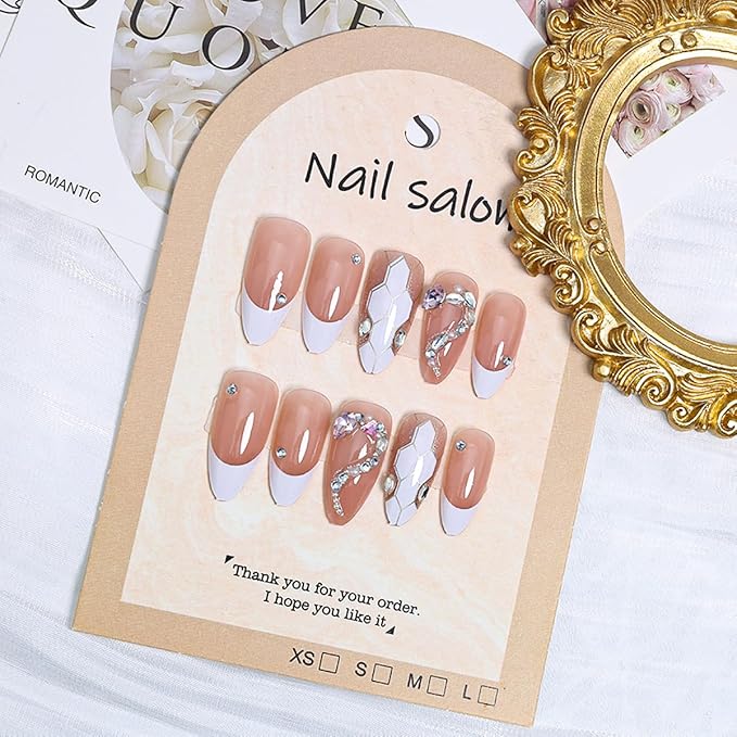 French Tip Press on Nails Medium Almond Fake Nails 3D Snake Rhinestones Design Nude Pink Acrylic Nails White French Nails Tip Glossy Glue on Nails Full Cover Artificial False Nails for Women 24Pcs