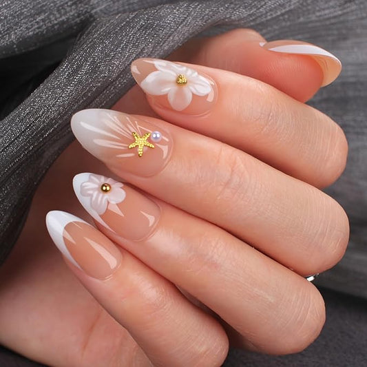 White Flower Press On Nails short, 24pcs Almond French Fake Nails with 3D Floral Design, Pearl & Starfish Decor, Glossy Nude Acrylic Stick On Nails Kit for Women Girls Manicure