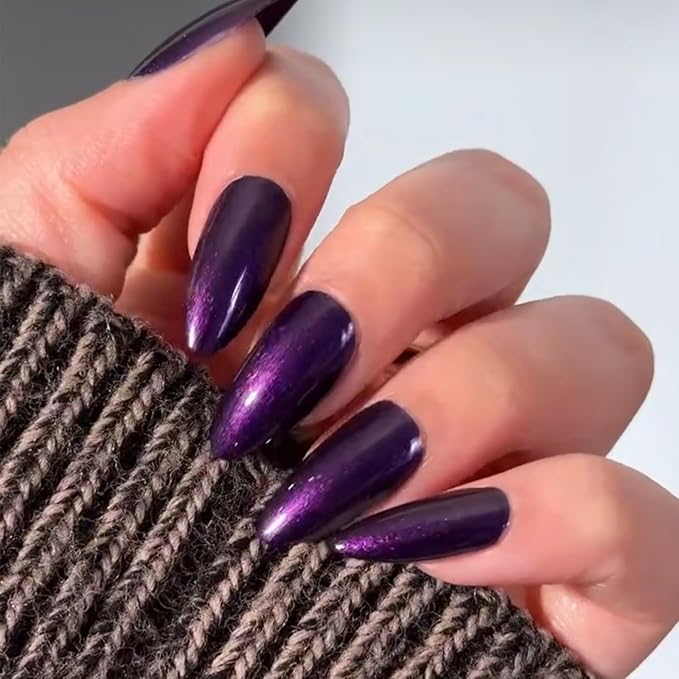 IMRAIN Cat's Eye Press on Nails Almond Medium Purple Plastic False Nails 24Pcs Glossy Gel Glue on Nails Reusable Acrylic Stick on Nails Manicure Kit for Women