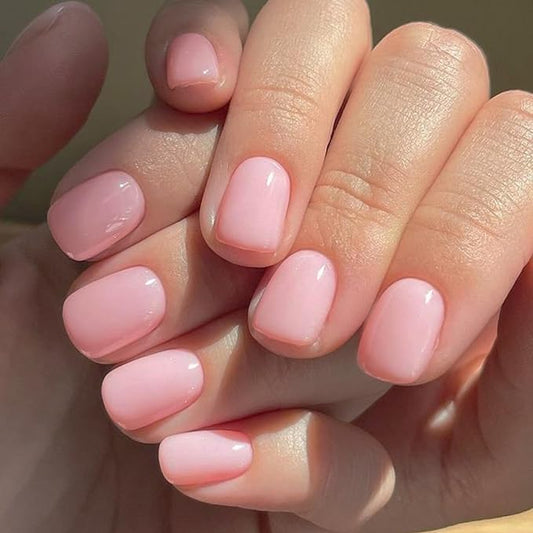 GLAMERMAID Extra Short Press on Nails 24PCS, Light Pink Fall Gel Glue on Nails, Glossy Round Reusable UV Finish Fake Nails Acrylic False Nails Manicure Kits for Women