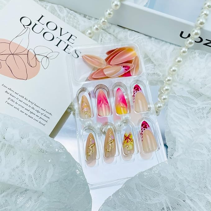 24Pcs French Tip Press on Nails Medium Almond Fake Nails with 3D Flower Designs Leopard Print Almond Nails Tips Acrylic Nails Full Cover Pink Glossy False Nails Glue on Nails for Women Nail Decoration