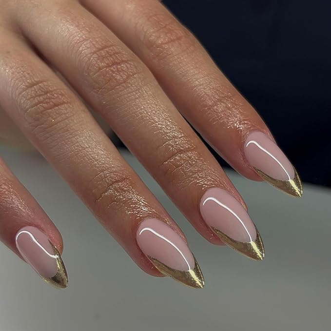 Gold French Tip Press On Nails Short Almond, Medium Fake Nails French Nails Press ons Acrylic Nails Glue on Nails Medium, Natural Short Almond Nails False Nails for Women in 12 Sizes 24 Pcs