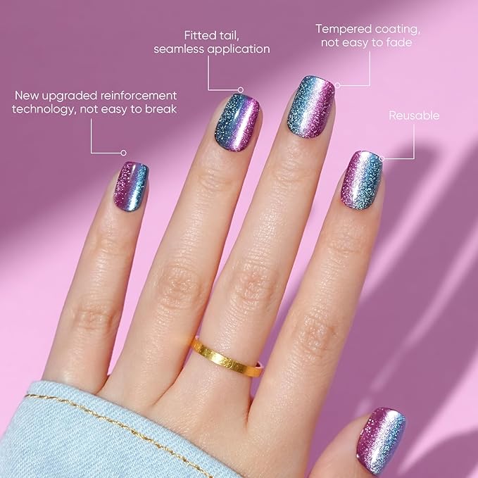 Press on Nails Short, Jofay Fashion Fake Nails, Two-color Ombre Cat Eye Press on Nails, Summer Acrylic False Nails, Reusable Stick on Nails for Women Girls, Glue on Nails Kit 32 Pcs, Amethyst Aurora