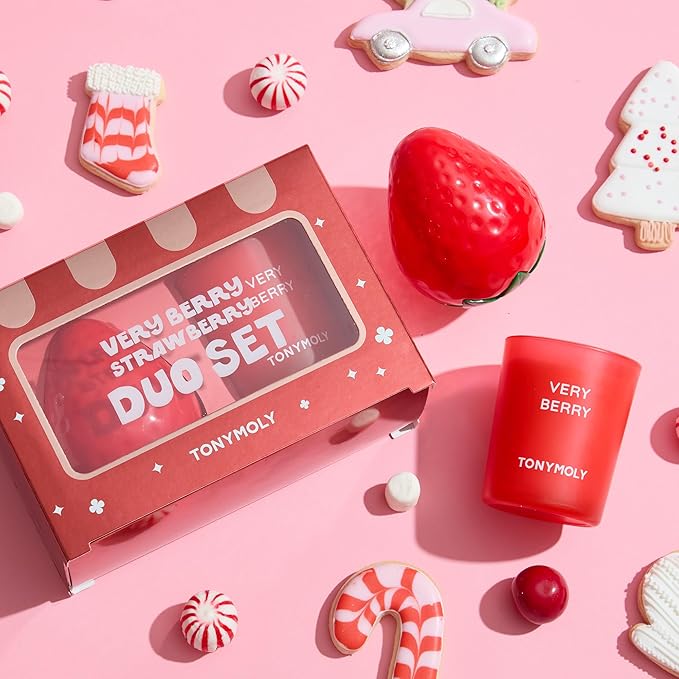 TONYMOLY Very Berry Strawberry Duo Gift Set | Hydrating Hand Cream with Sweet Strawberry Scent & Limited Edition Candle | Holiday Self-Care & Relaxation Gift for Women