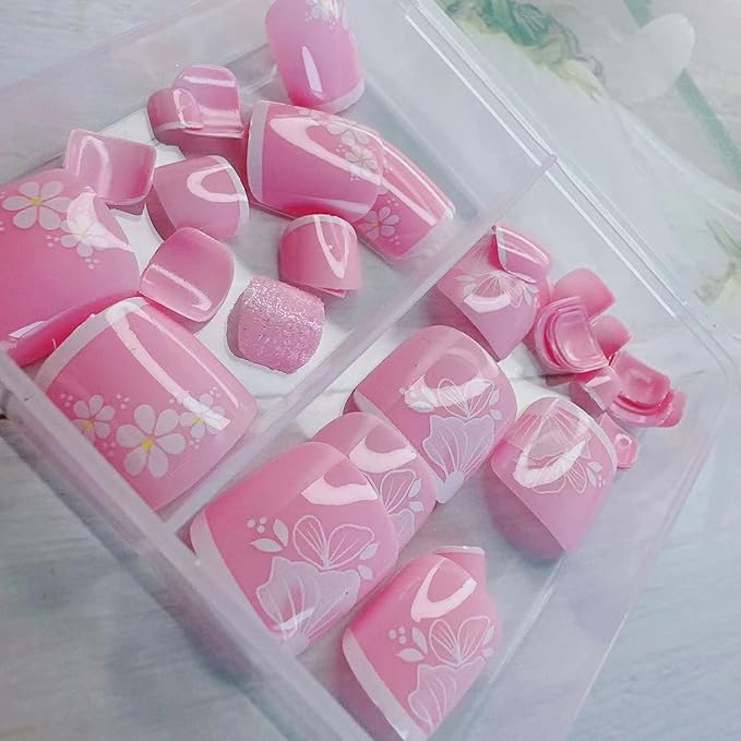 White Flower Press on Toenails Short Square French Tip Press on Flowers Fake Toenails with Floral Designs Glossy Pink Full Cover False Toenails Cute Toe Nails Press ons Acrylic Set for Women 48Pcs