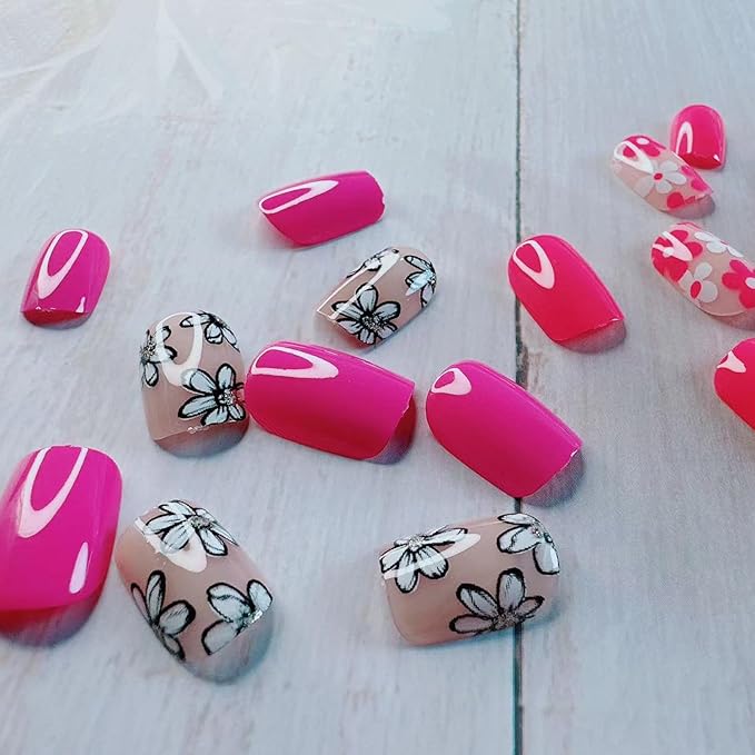 48Pcs Flower Press on Nails Kit - Short Square Fake Nails with Cute Multi-Color Floral Designs Glossy Solid Color False Nails Spring Press ons Flower Stick on Nails Summer Decor for Women Daily Wear